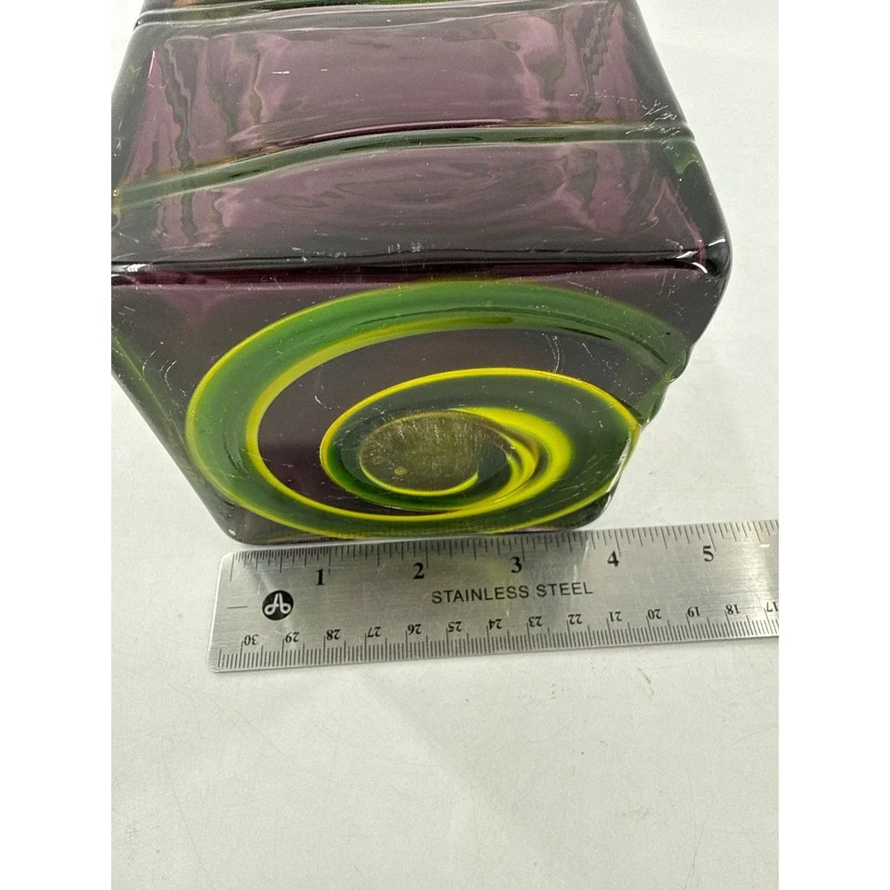 Unsigned Art Glass Vase Unisex OS Purple Green Spiral Ribbed Rectangular Tall